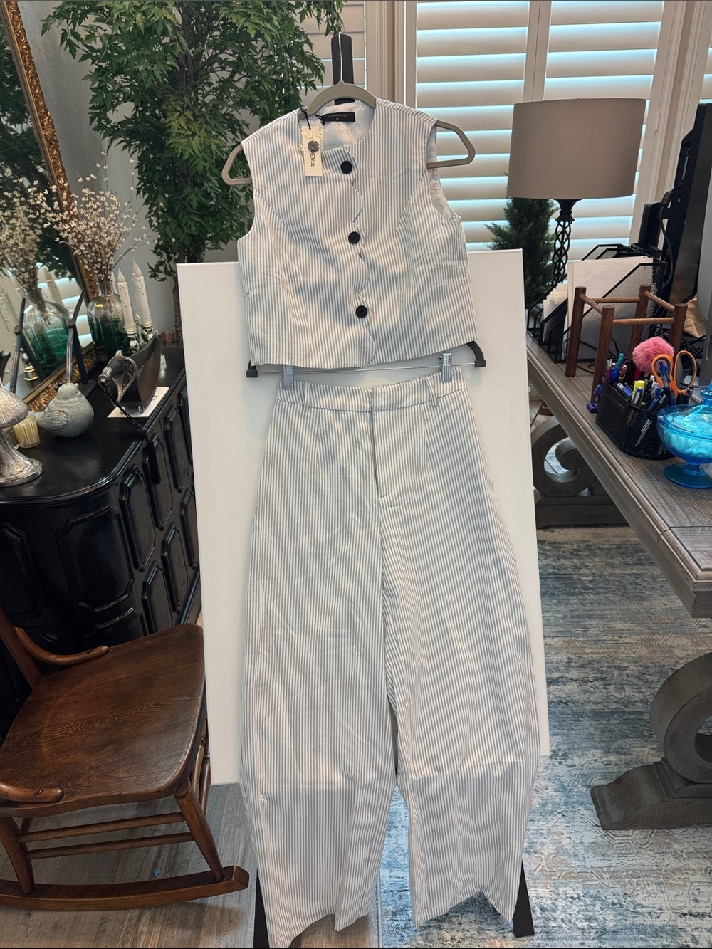 Commense-Sleeveless Striped Crop Top & High-Waist Wide-Leg Pants Set -White/Gray